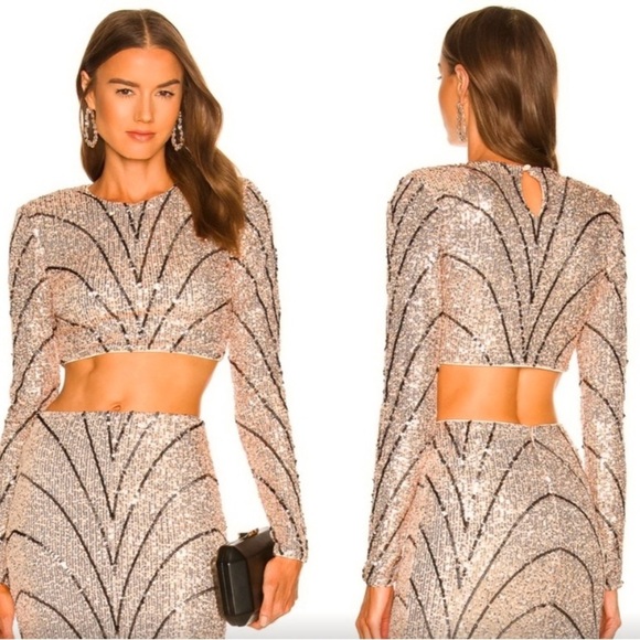 Michael Costello x Revolve Leonie Crop Top Champagne & Black Sequins Size Small - Picture 1 of 10